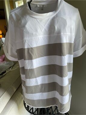 Cable & Gauge White and Taupe Striped Short Sleeve Tee